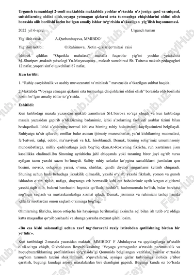 "voyaga etmagan qizlarni erta turmushga chiqishlarini oldini olish" amaliy ishlar — DOCX