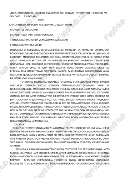 fotosintezda uglerod o’zlashtirilishi yo’llari — DOCX