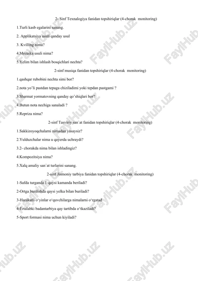 2- sinf texnalogiya fanidan topshiriqlar (4-chorak monitoring) — DOCX