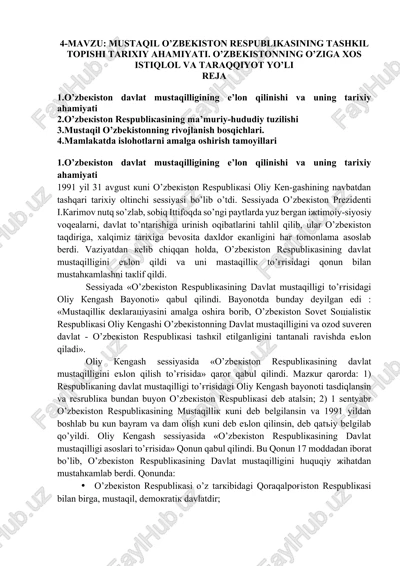 o'zbekistonning mustaqilligining e'lon qilinishi — DOCX