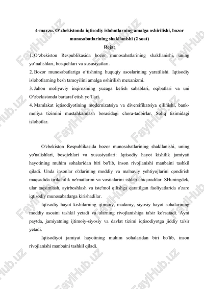 o'zbekistonda iqtisodiy islohotlarning amalga oshirilishi, bozor munosabatlarining shakllanishi — DOCX
