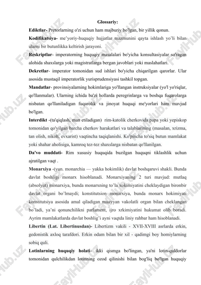 ediktlar, kodifikatsiya, reskriptlar, dekretlar, mandatlar, interdikt, da'vo muddati, monarxiya — DOCX