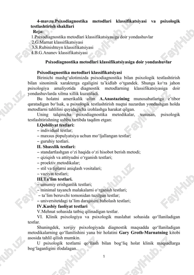 psixodiagnostika metodlari klassifikatsiyasi va psixologik testlashtirish shakllari — DOCX