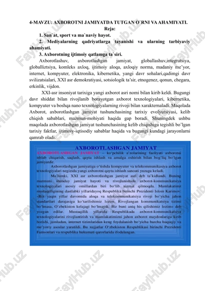 axborotni jamiyatda tutgan o`rni va ahamiyati. — DOCX