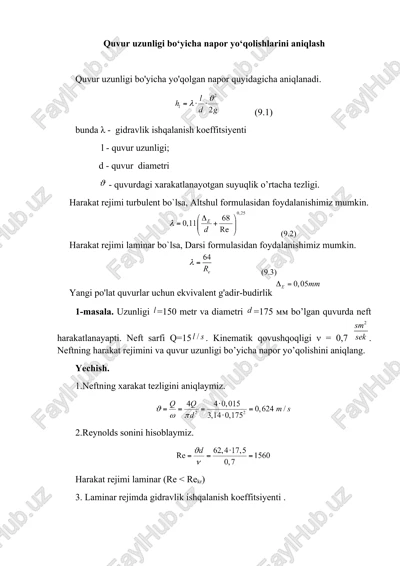 quvur uzunligi bo‘yicha napor yo‘qolishlarini aniqlash — DOCX