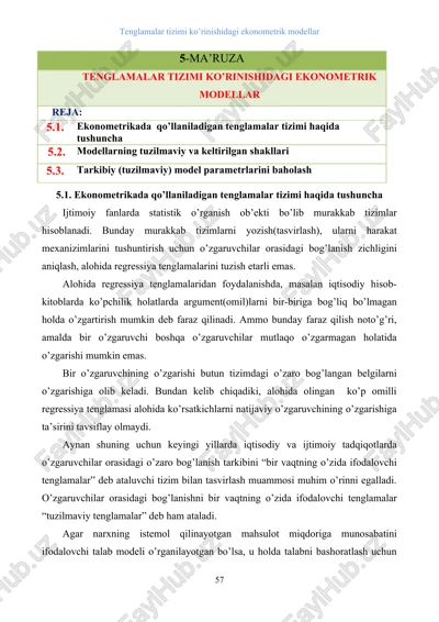 tenglamalar tizimi ko’rinishidagi ekonometrik modellar — DOCX