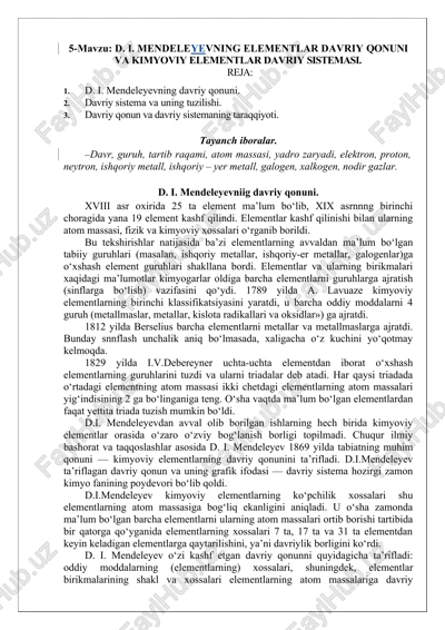 d. i. mendeleyevning elementlar davriy qonuni va kimyoviy elementlar davriy sistemasi — DOC