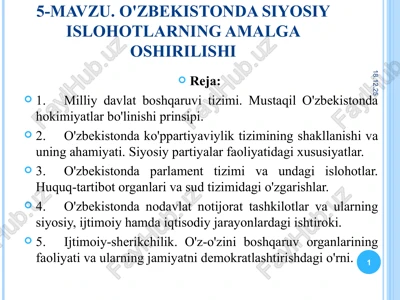 o'zbekistonda siyosiy ishlohotlarning amalga oshirilishi — PPT