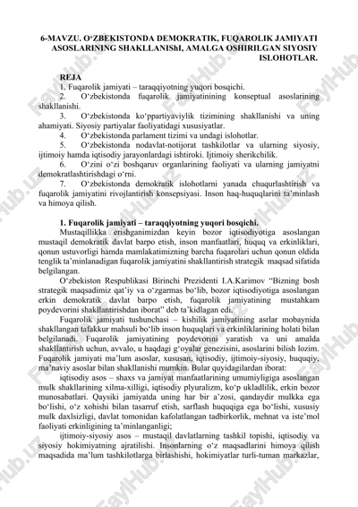 o‘zbekistonda demokratik, fuqarolik jamiyati asoslarining shakllanishi, amalga oshirilgan siyosiy islohotlar — DOCX