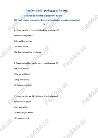 nosirova ruxshonaning botanika fani uchun tayyorlagan testi — DOCX