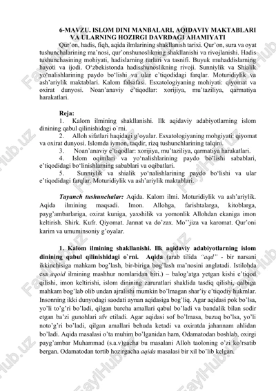 islom dini manbalari, aqidaviy maktablari va ularning hozirgi davrdagi ahamiyati — DOCX