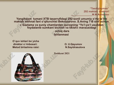 gazlama va suniy chamlardan quroqning “yo’l-yo’l usulidan foydalanib sumkani bichish va tikish — PPT