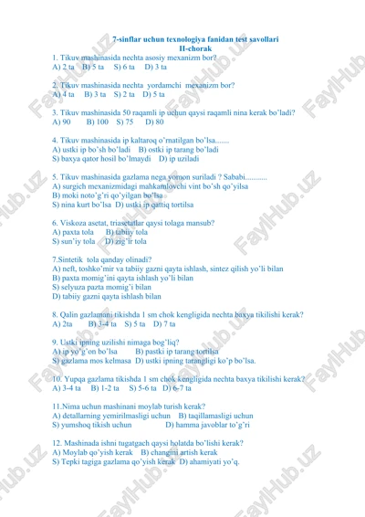 7-sinflar uchun texnologiya fanidan test savollari ii-chorak — DOCX
