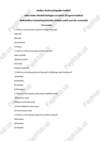 yashil suv oʻtlari test savollari — DOCX