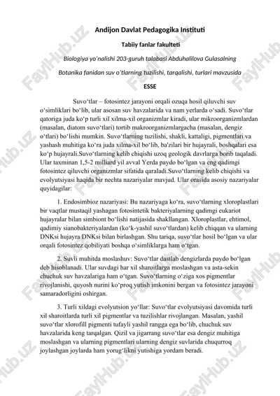botanika fanidan suv o’tlarning tuzilishi, tarqalishi, turlari — DOCX