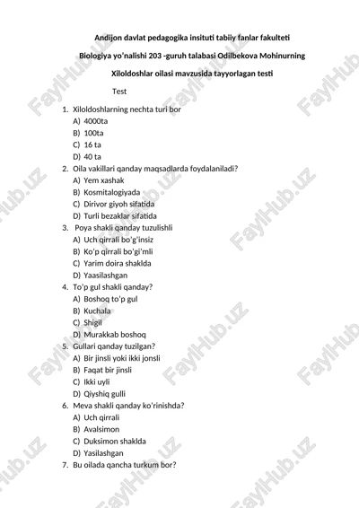 xiloldoshlar oilasi mavzusida tayyorlagan test — DOCX