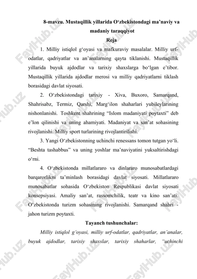 mustaqillik yillarida o‘zbekistondagi ma’naviy va madaniy taraqqiyot — DOCX