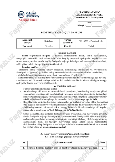 bioetika fani oʻquv dasturi — DOCX