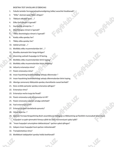 bioetika test savollari (o'zbekcha) — DOCX