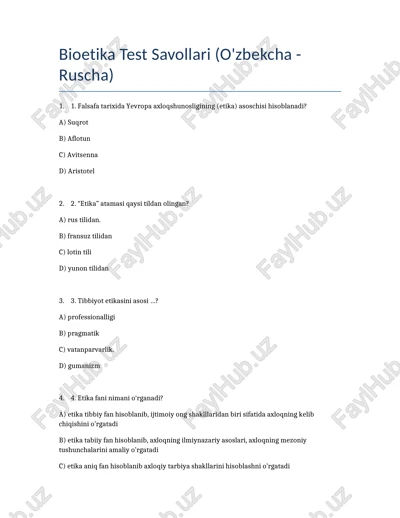 bioetika test savollari (o'zbekcha - ruscha) — DOCX