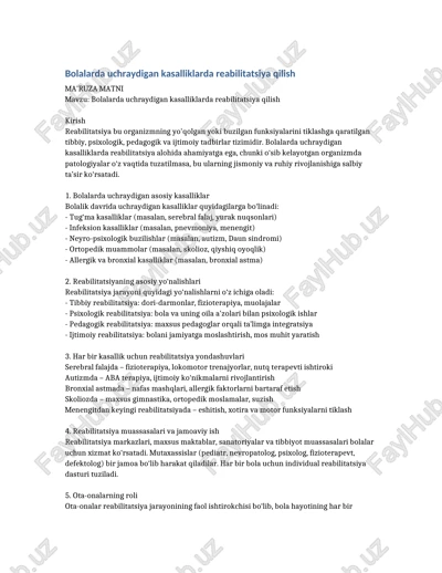 bolalarda uchraydigan kasalliklarda reabilitatsiya qilish — DOCX