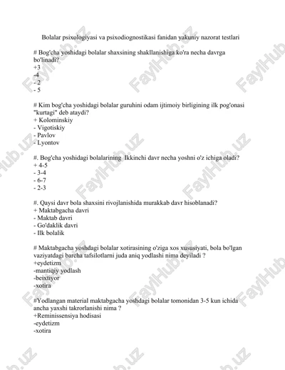 bolalar psixologiyasi va psixodiognostikasi fanidan yakuniy nazorat testlari — DOCX