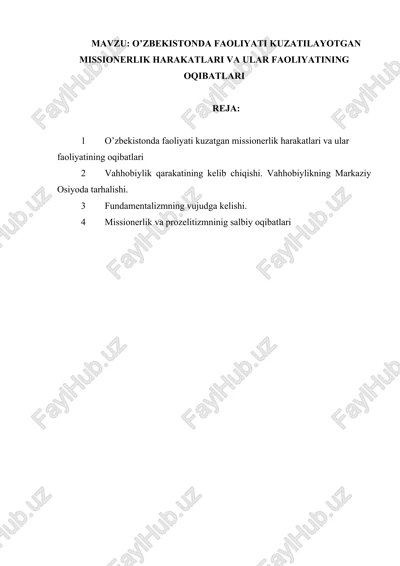 oʼzbekistonda faoliyati kuzatilayotgan missionerlik harakatlari va ular faoliyatining oqibatlari — DOCX