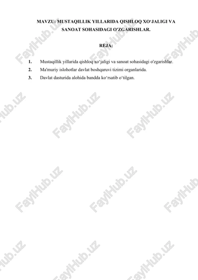 mustaqillik yillarida qishloq xoʻjaligi va sanoat sohasidagi o'zgarishlar — DOCX