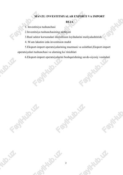 investitsiyalar exporti va import — DOCX