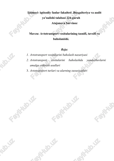 avtotransport vositalarining tasnifi, tavsifi va baholanishi — DOCX