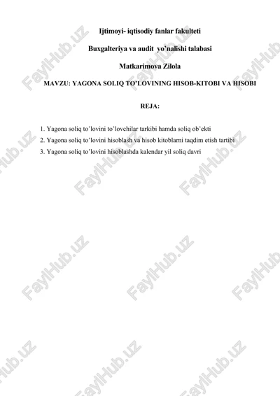 mavzu: yagona soliq to’lovining hisob-kitobi va hisobi — DOCX