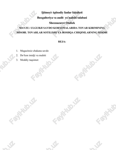 ulgurji savdo korxonalarida tovar kirimining hisobi — DOCX
