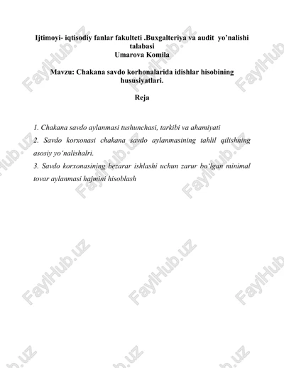chakana savdo korhonalarida idishlar hisobining hususiyatlari — DOC