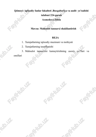 mahsulot tannarxi shakllantirish — DOCX