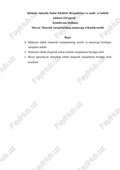 material xarajatlarining tannarxga o'tkazish tartibi — DOCX
