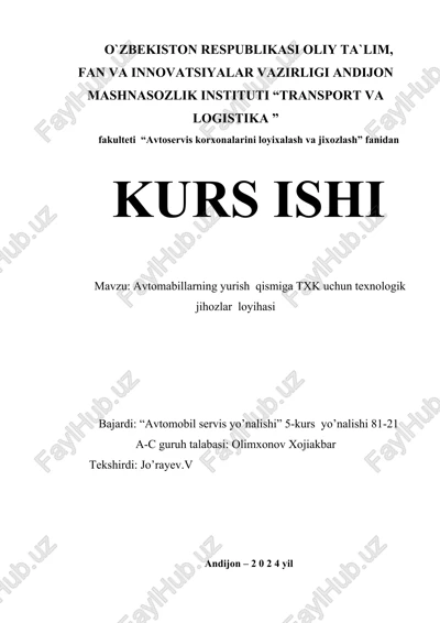 avtomabillarning yurish qismiga txk uchun texnologik jihozlar loyihasi — DOCX