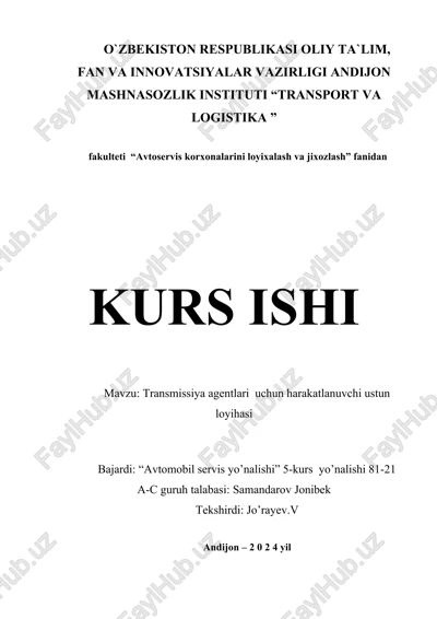transmissiya agentlari uchun harakatlanuvchi ustun loyihasi — DOCX