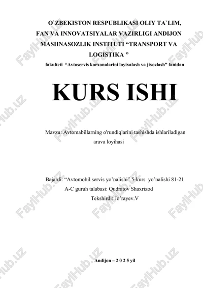 avtomabillarning o'rundiqlarini tashishda ishlariladigan arava loyihasi — DOCX