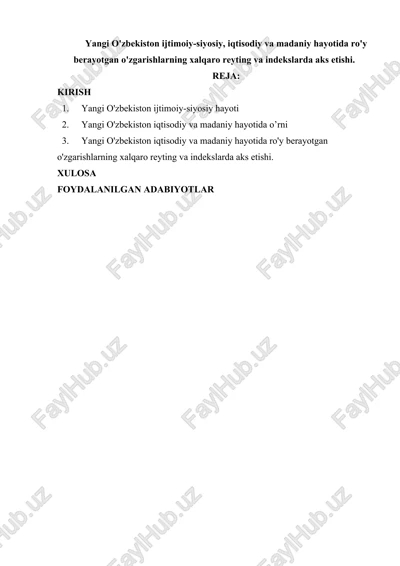 yangi o'zbekiston ijtimoiy-siyosiy, iqtisodiy va madaniy hayoti — DOCX