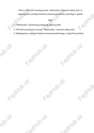 steam texnologiyasida “multstudiya” dasturini tatbiq etish va maktabgacha yoshdagi bolalarni animatsiyalashtirish yaratishga o‘rgatish — DOCX