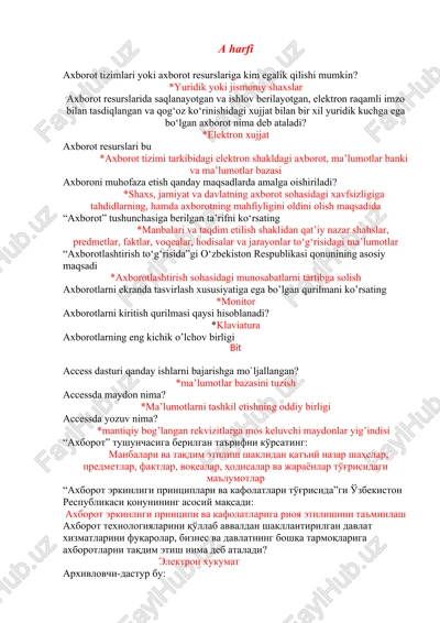 talimda axborot havfsizligi oraliq va yakuniy savollari javobi bilan — DOCX