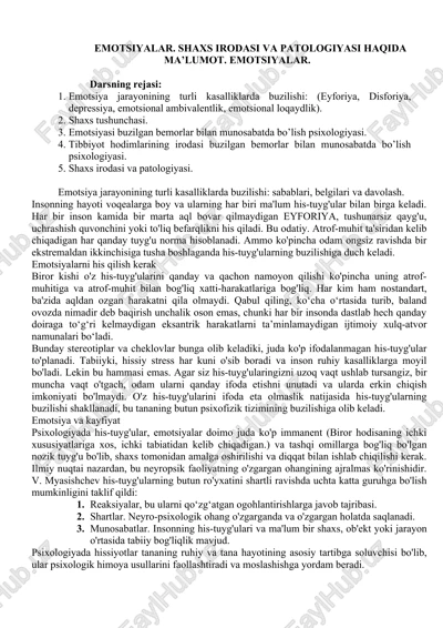 emotsiyalar. shaxs irodasi va patologiyasi haqida ma’lumot — DOC
