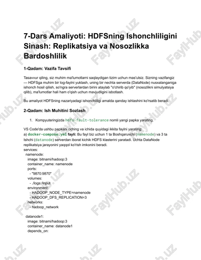 7-dars amaliyoti: hdfsning ishonchliligini sinash — PDF