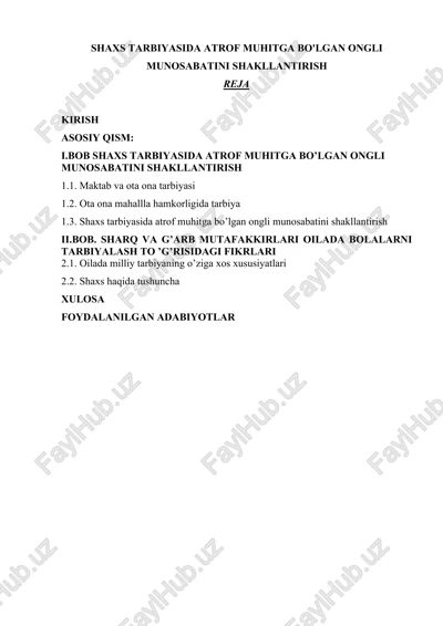 shaxs tarbiyasida atrof muhitga bo'lgan ongli munosabatini shakllantirish — DOCX