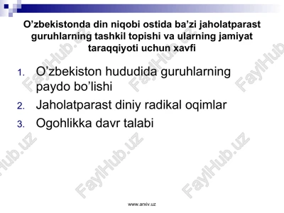 o’zbekistonda din niqobi ostida ba’zi jaholatparast guruhlarning tashkil topishi va ularning jamiyat taraqqiyoti uchun xavfi — PPT