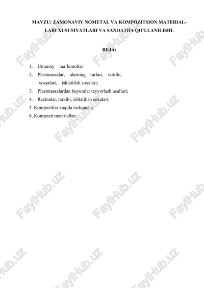 zamonaviy nometal va kompozitsion material-lari xususiyatlari va sanoatda qo’llanilishi — DOCX