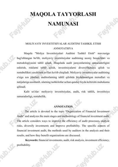 moliya investitsiyalari auditini tashkil etish — DOCX