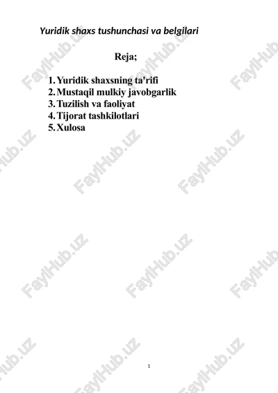 yuridik shaxs tushunchasi va belgilari — DOCX