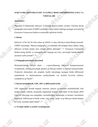 o‘quvchilarni inklyuziv ta’limga moslashtirishning usul va vositalari — DOCX
