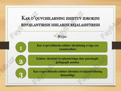 kar o‘quvchilarning eshituv idrokini rivojlantirish ishlarini rejalashtirish — PPTX